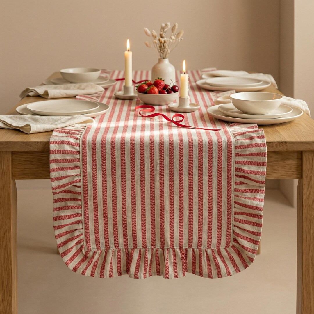 Red Striped Ruffle Table Runner, Valentine Table Runner, Cotton Linen Table Runner, Custom Table ... | Etsy (US)