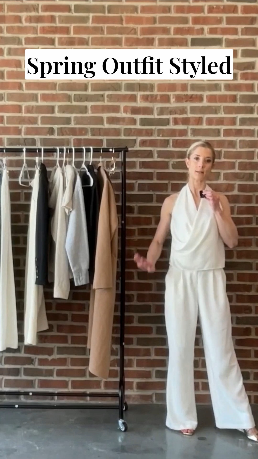 Spring outfit for women styled all monochrome off white palette LTK workwear and LTK petite sizes. LTK spring trends cloud dancer color halter top silk and high rise wide leg pant#LTKspringtrends 

#LTKWorkwear #LTKPetite