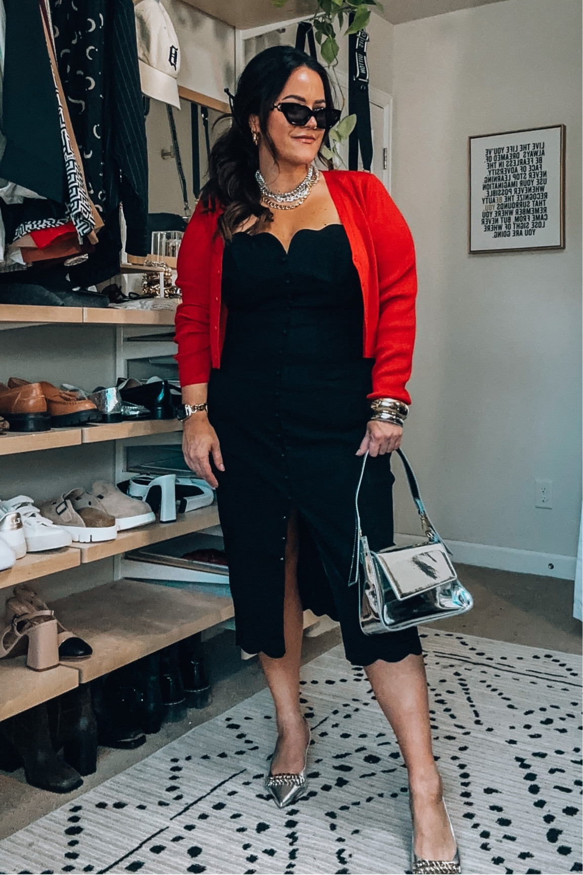 Fall wedding guest dress midsize - wearing a large in this stunning scallop detail button down dress. Such great quality and has stretch. 
Cardigan is a xl 
Slingback metallic pumps tts 
Metallic bag is Amazon 
Strapless bra tts 38dd 

#LTKSeasonal #LTKwedding #LTKmidsize