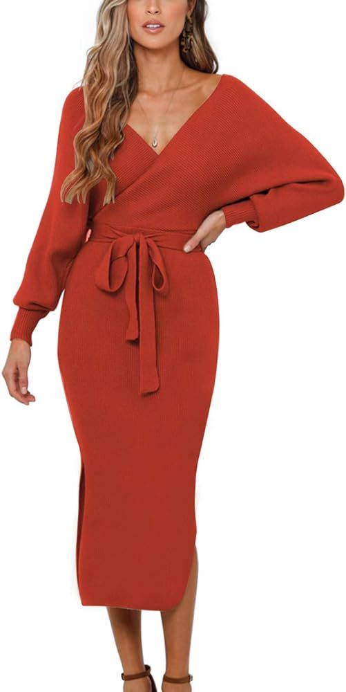 ZHPUAT Women’s Sweater Dress Sexy V-Neck Long Batwing Sleeves Backless Wrap Cocktail Bodycon Dr... | Amazon (US)