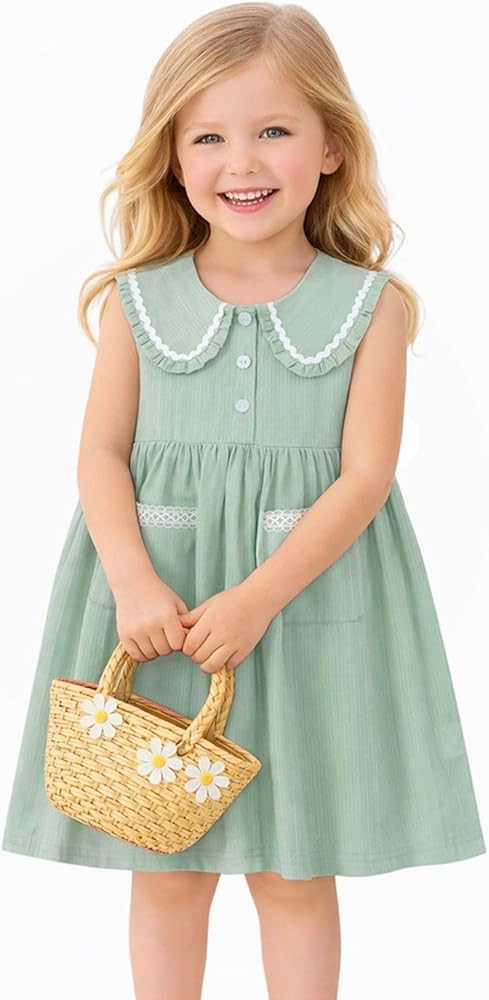 HILEELANG Little Girls Peter Pan Collar Dress Easter Spring Summer Cotton Sleeveless Sundress | Amazon (US)