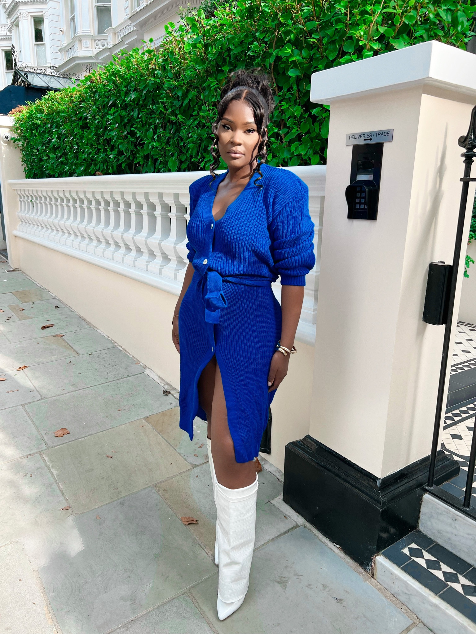 Electric blue knitted dress, skirt shirt, midi, high neck dress, day dress, white knee high boots, PLT 

#LTKeurope #LTKSeasonal #LTKstyletip