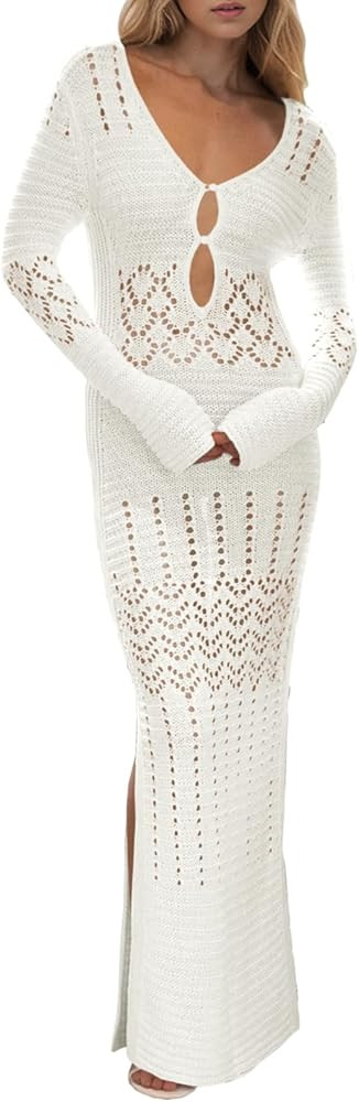 Saodimallsu Womens Crochet Coverups Sexy V Neck Cut Out Long Sleeve Mesh Cover Ups Side Slit Beac... | Amazon (US)