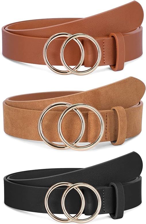 SANSTHS 2 Pack Women Leather Belts Faux Leather Jeans Belt with Double O-Ring Buckle Size up to 5... | Amazon (US)
