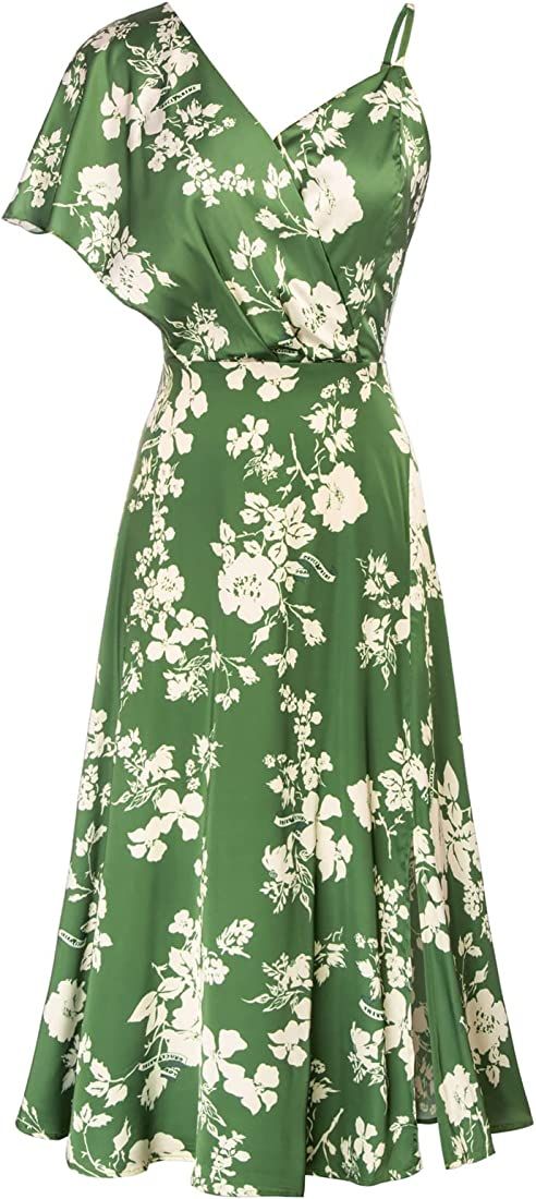 GRACE KARIN 2023 Spring Satin Floral Dress for Women Wedding Guest Wrap V Neck Asymmetric Sleeve ... | Amazon (US)