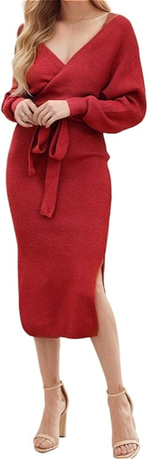 Batwing Dress V Neck Belted Long Sleeve Split Slim Fit Elegant Wrap Sexy Summer Casual Streetwear... | Amazon (US)