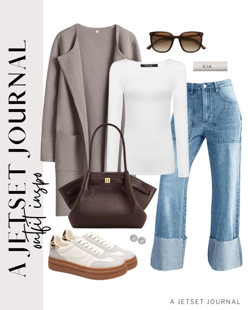 Wear a taupe ANRABESS cardigan sweater over this white OThread & Co. long-sleeve top and pair it with PLNOTME baggy cuffed jeans for your next outfit. Style this fit with a VENIVORA shoulder bag and these platform sneakers from Project Cloud. 

 #LTKSeasonal #LTKSaleAlert #LTKTravel