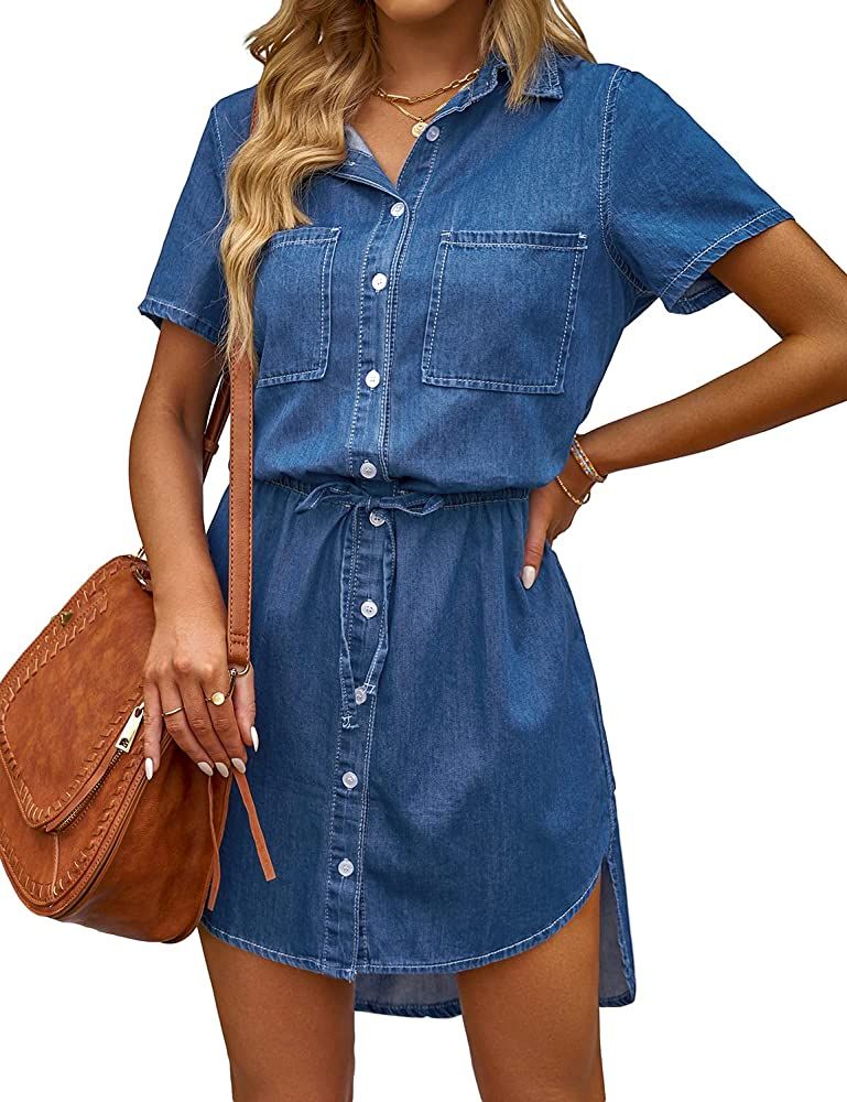 luvamia Women Casual Denim Dress Short Sleeve Tie Waist Classic Jean Shirt Dress | Amazon (US)