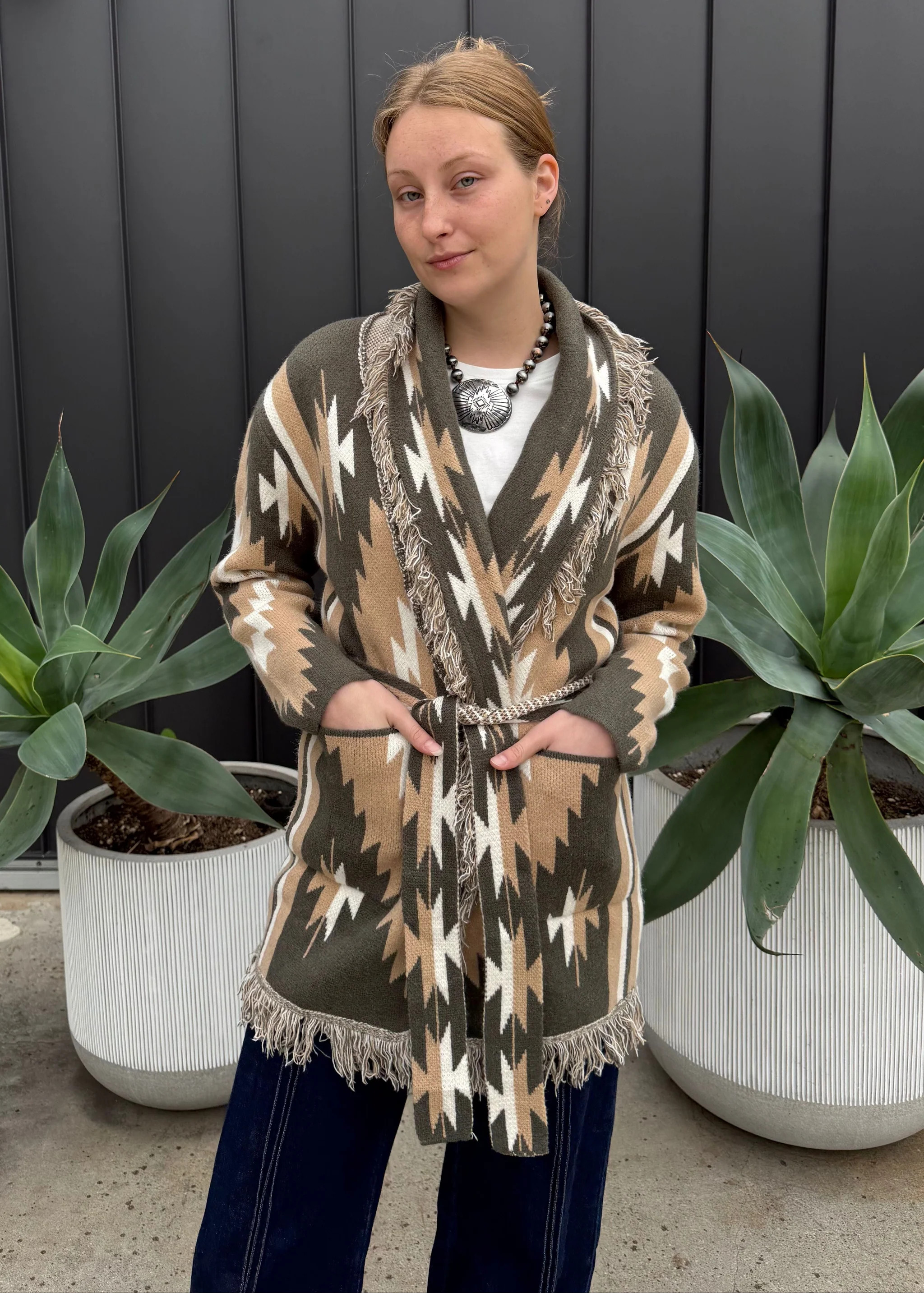 Kassidy Western Pattern Fringe Wrap Cardigan with Belt Tie | Benaar La