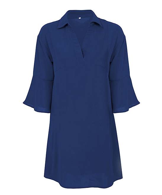 Abyoxi Women's Tunics blue - Blue Collared Ruffle-Sleeve Shift Dress - Women | Zulily