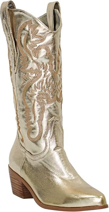 MissHeel Mid Calf Cowgirl Boots Embroidered Block Chunky Heel in Pink Silver | Amazon (US)