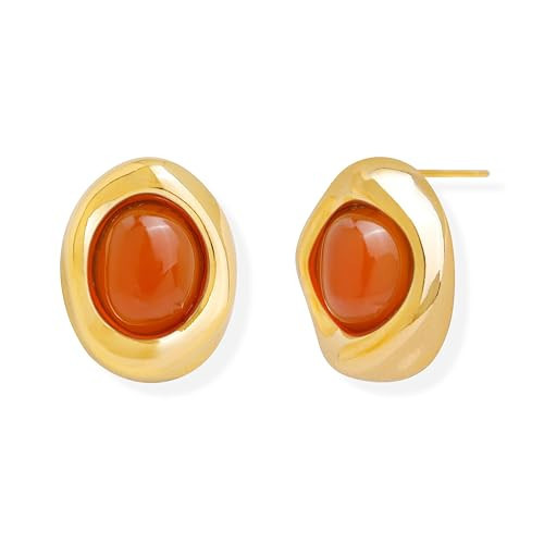 Jean Beau Gold Chunky Orange Stone Stud Earrings for Women, Valentine Trendy Amber Natural Gemstone Square Hypoallergenic Earring Jewelry Gift | Amazon (US)