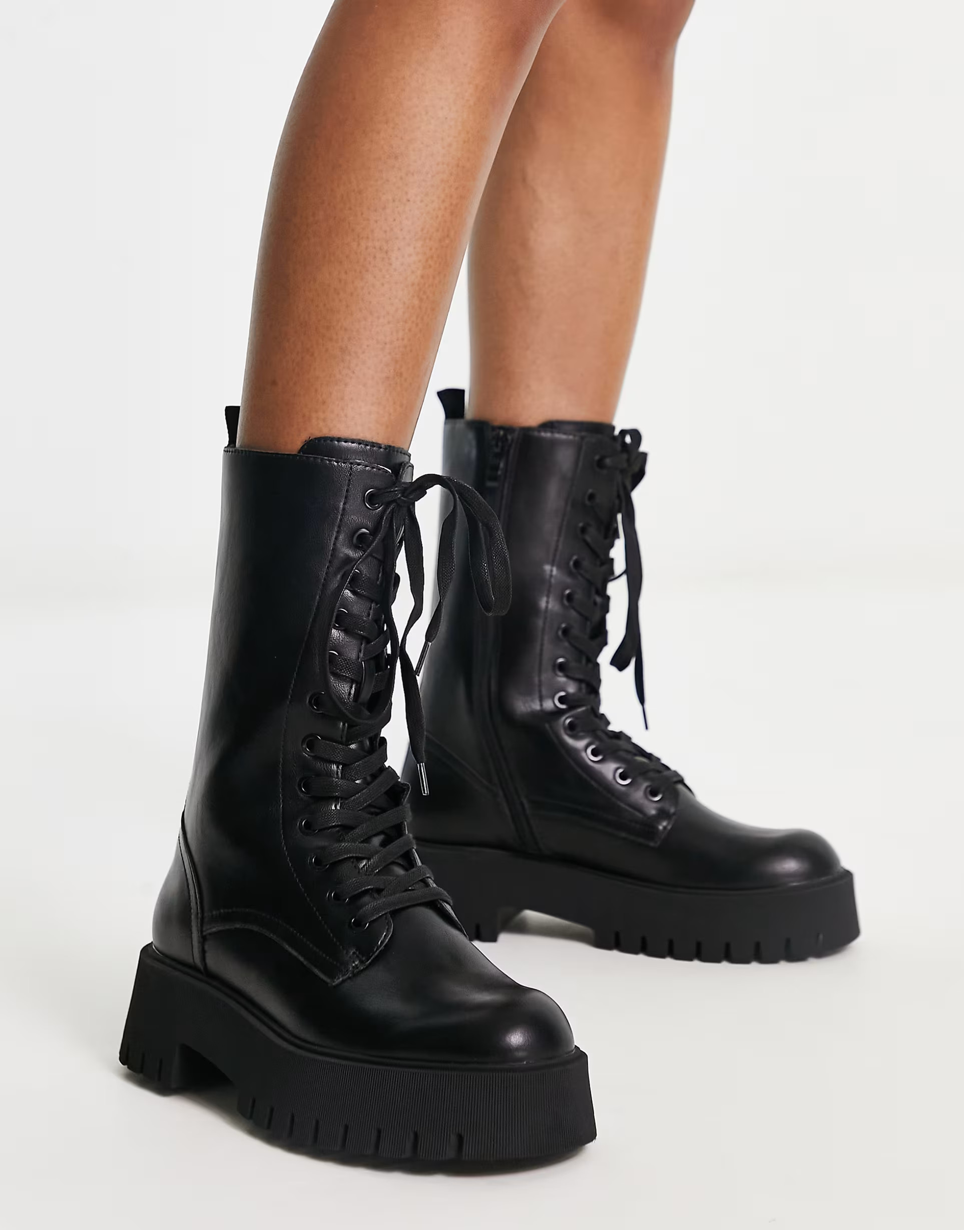 Stradivarius mid calf lace up moto boot in black | ASOS (Global)