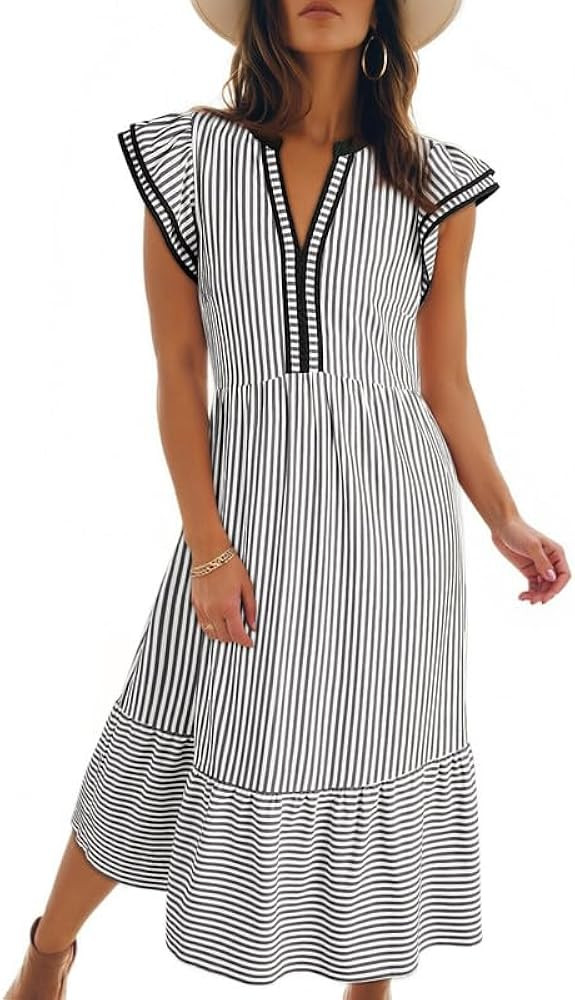 Dokotoo Womens Dresses 2026 Summer V-Neck Ruffle Cap Sleeve Empire Waist Flowy Striped Beach Midi... | Amazon (US)