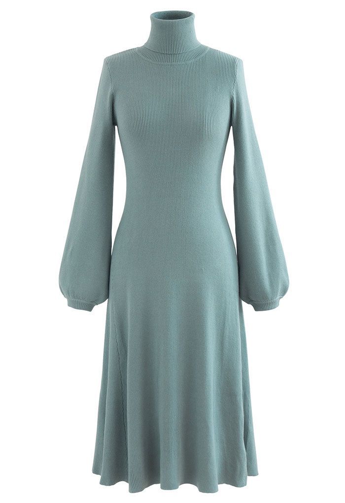 Turtleneck Fit-and-Flare Knit Midi Dress in Teal | Chicwish