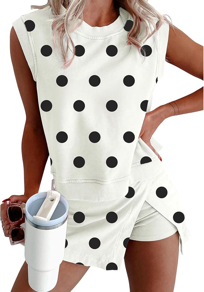 SELINK Womens Polka Dot 2 Piece Outfits Summer Lounge Set Tank Split Mini Skort Workout Sets | Amazon (US)