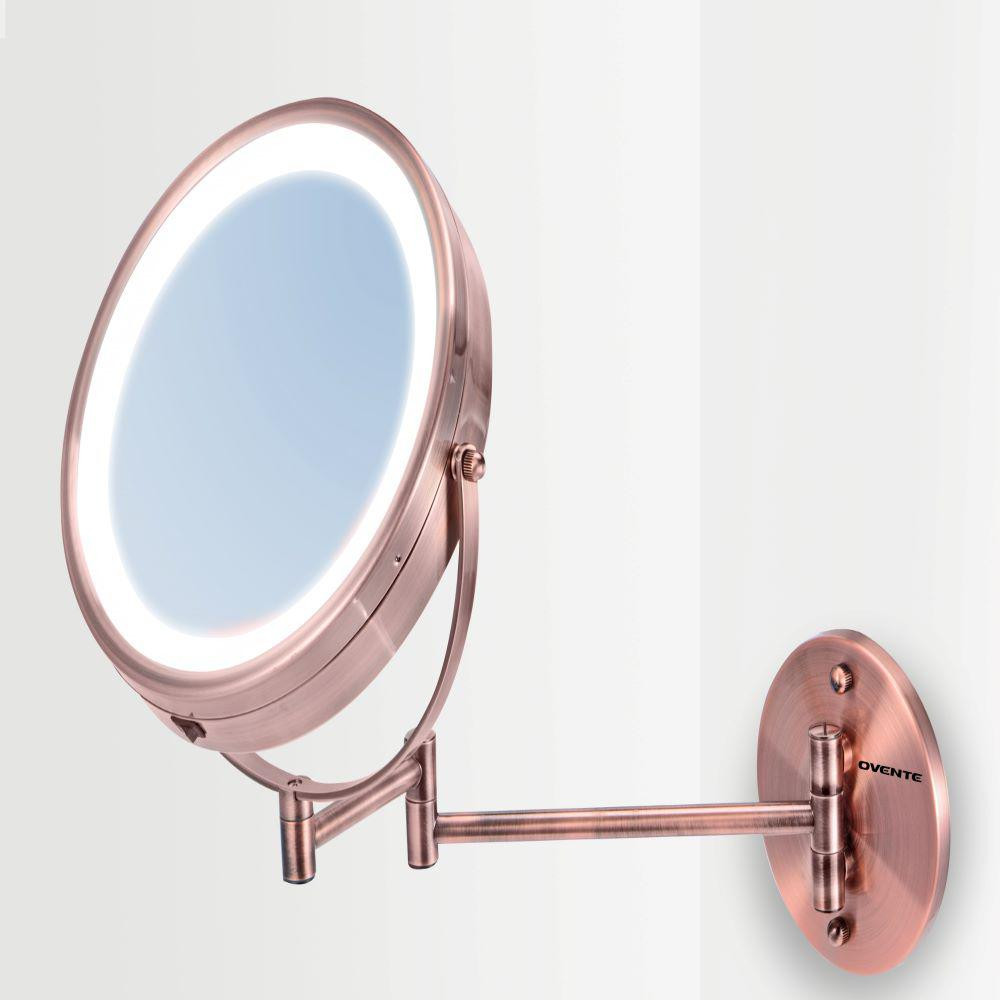 Ovente 14 in. x 1.6 in. LED Lighted Wallmount Vanity Makeup Mirror with 1X or 10X Magnification Batt | The Home Depot