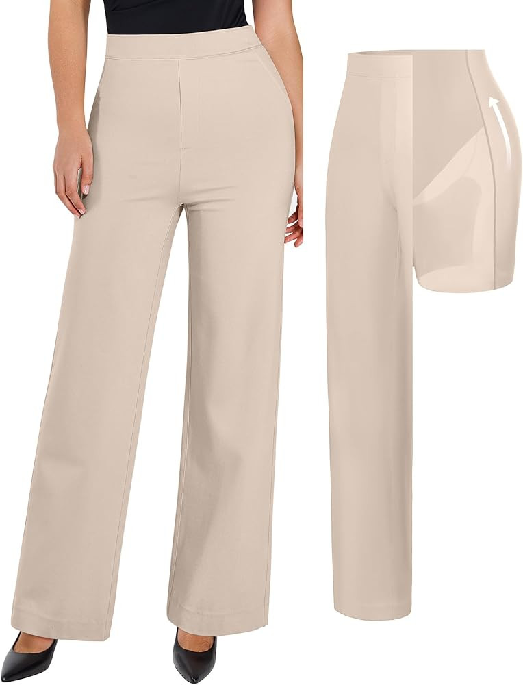 Popilush Dress Pants for Women Tummy Control 2 in 1 Work Slack High Waisted Wide Leg with Pockets... | Amazon (US)