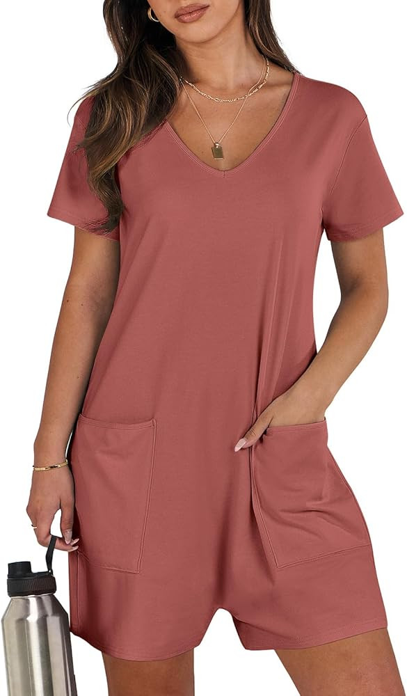 ANRABESS Women's Summer Casual Rompers Short Sleeve V Neck Loose Jumpsuit Shorts Overalls Jumper ... | Amazon (US)