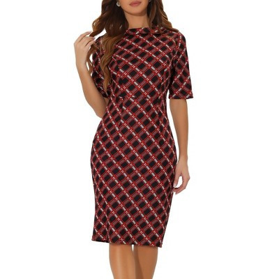 Allegra K Women's Plaid Round Neck Elbow Sleeve Pencil Bodycon Dress Black Red Small | Target