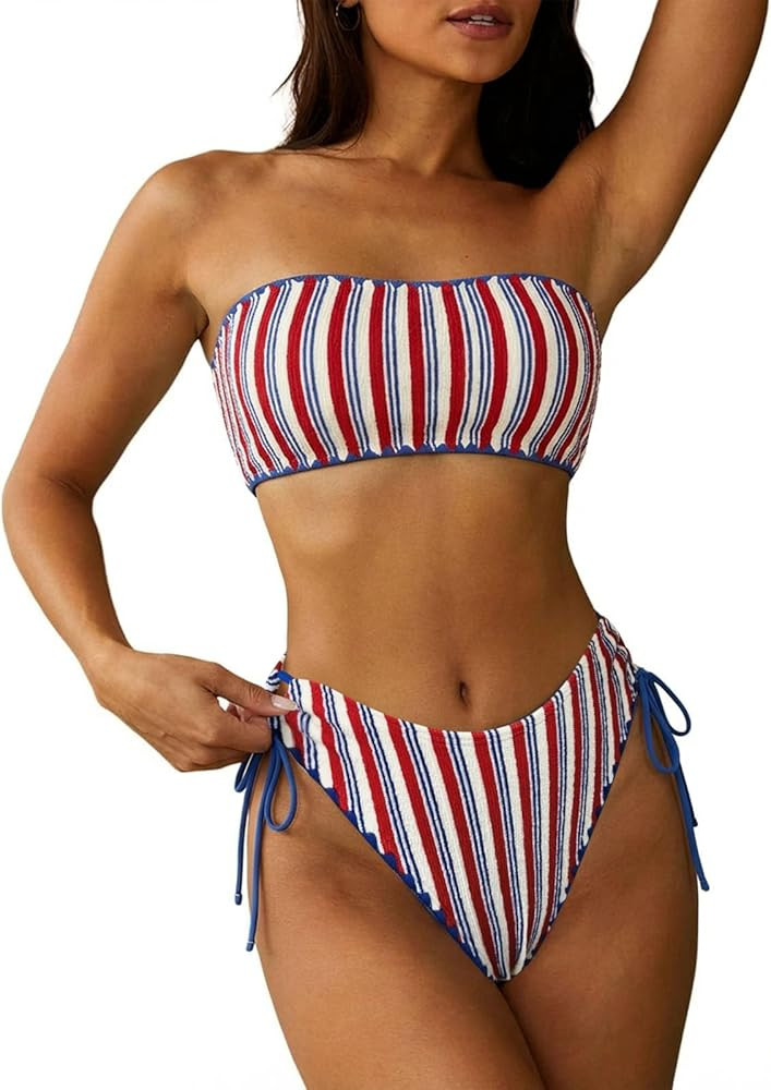 ZAFUL Women Strapless Textured Bandeau Bikini 2 Piece Swimwear Cheeky Solid Lace up Bathing Suits | Amazon (US)
