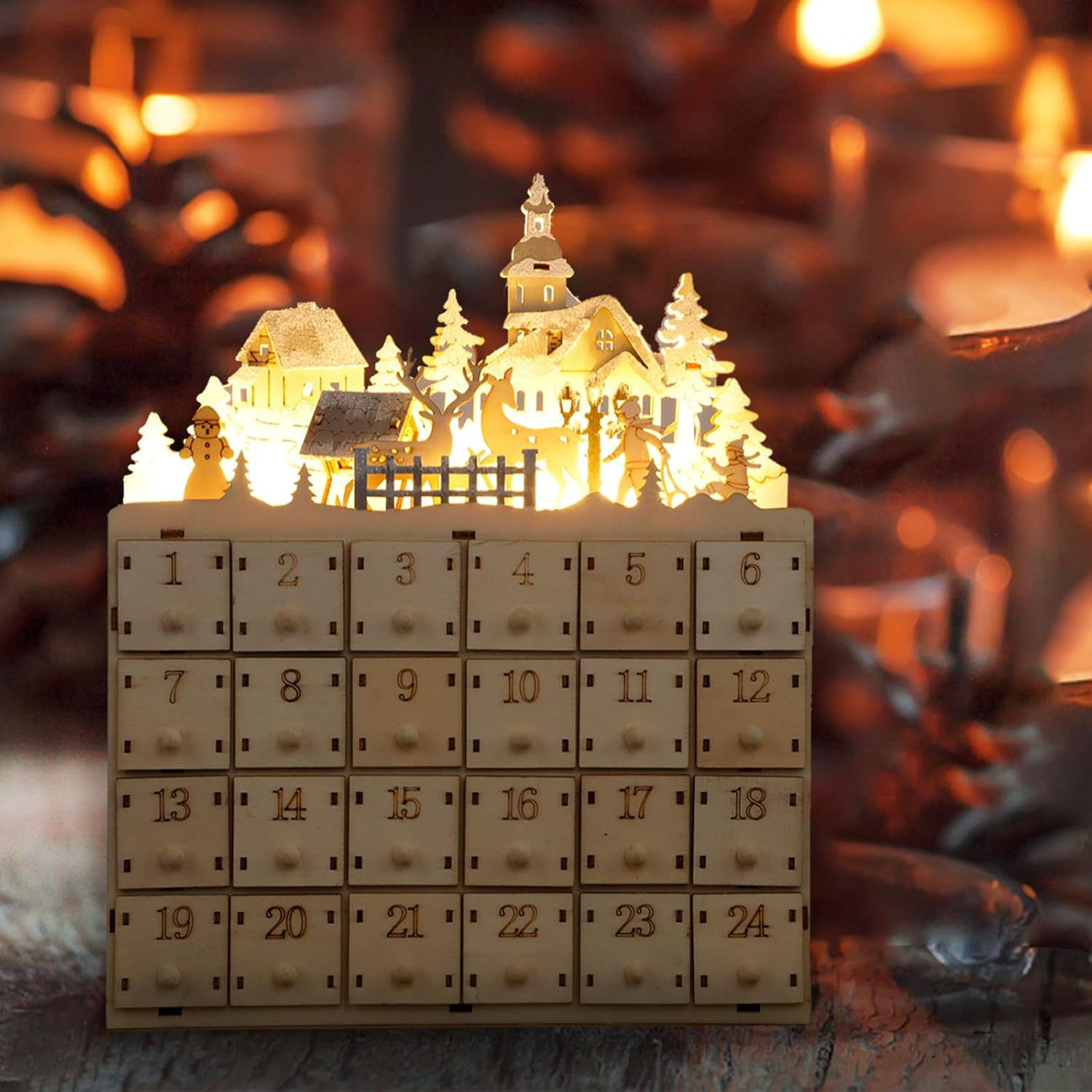 MorTime LED 24 Day Wooden Advent Calendar Decorated with Christmas Tree Reindeer Cabin Pagoda Fen... | Amazon (US)