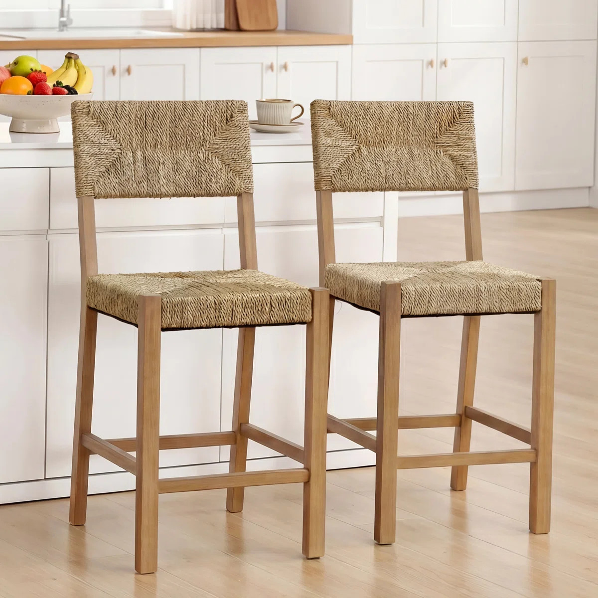Cledia 21" Wide Rustic Farmhouse Style Solid Wood Ratten Seat Counter Stool (Set of 2) | Wayfair North America