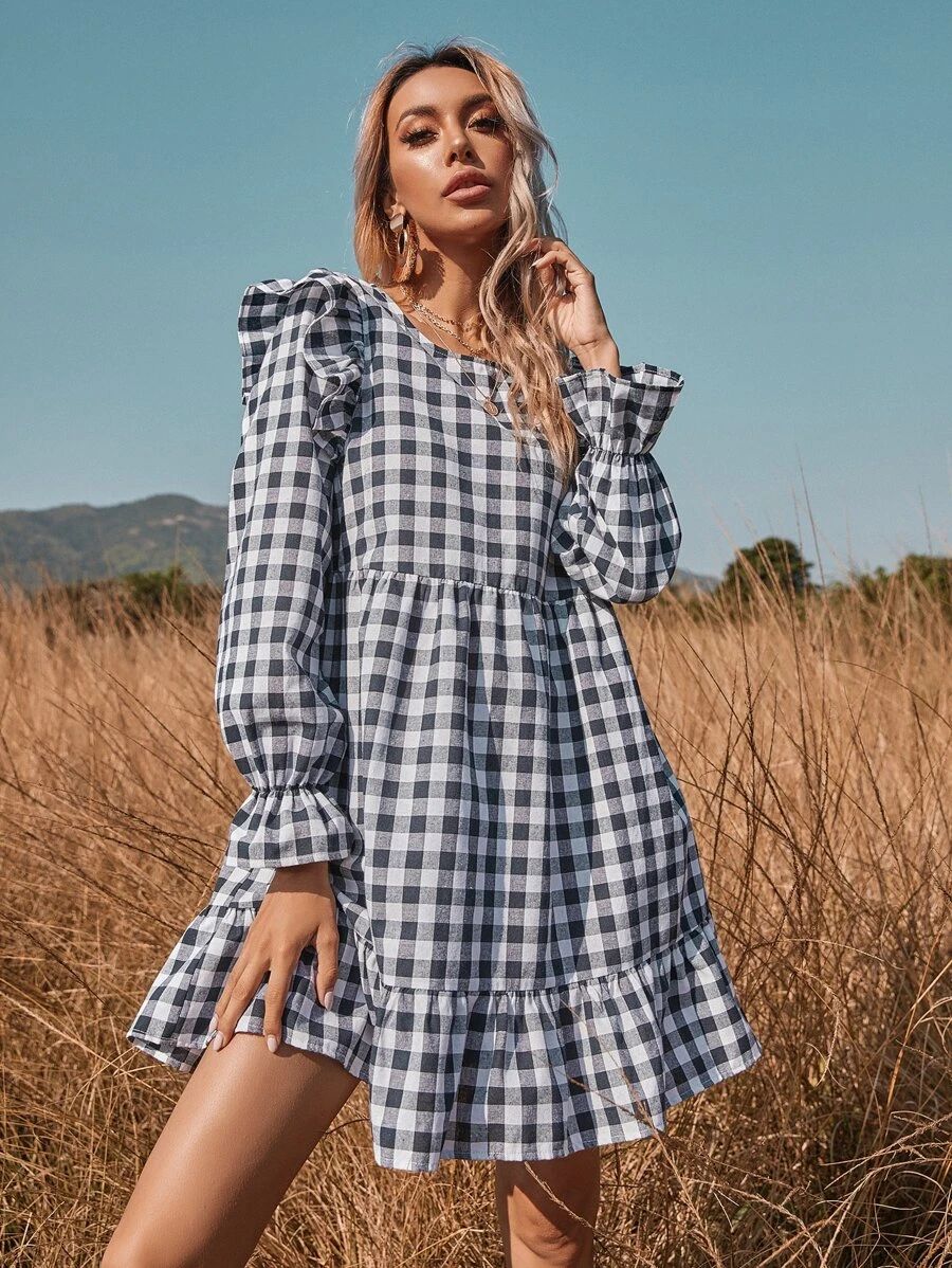 Ruffle Trim Gingham Smock Dress | SHEIN