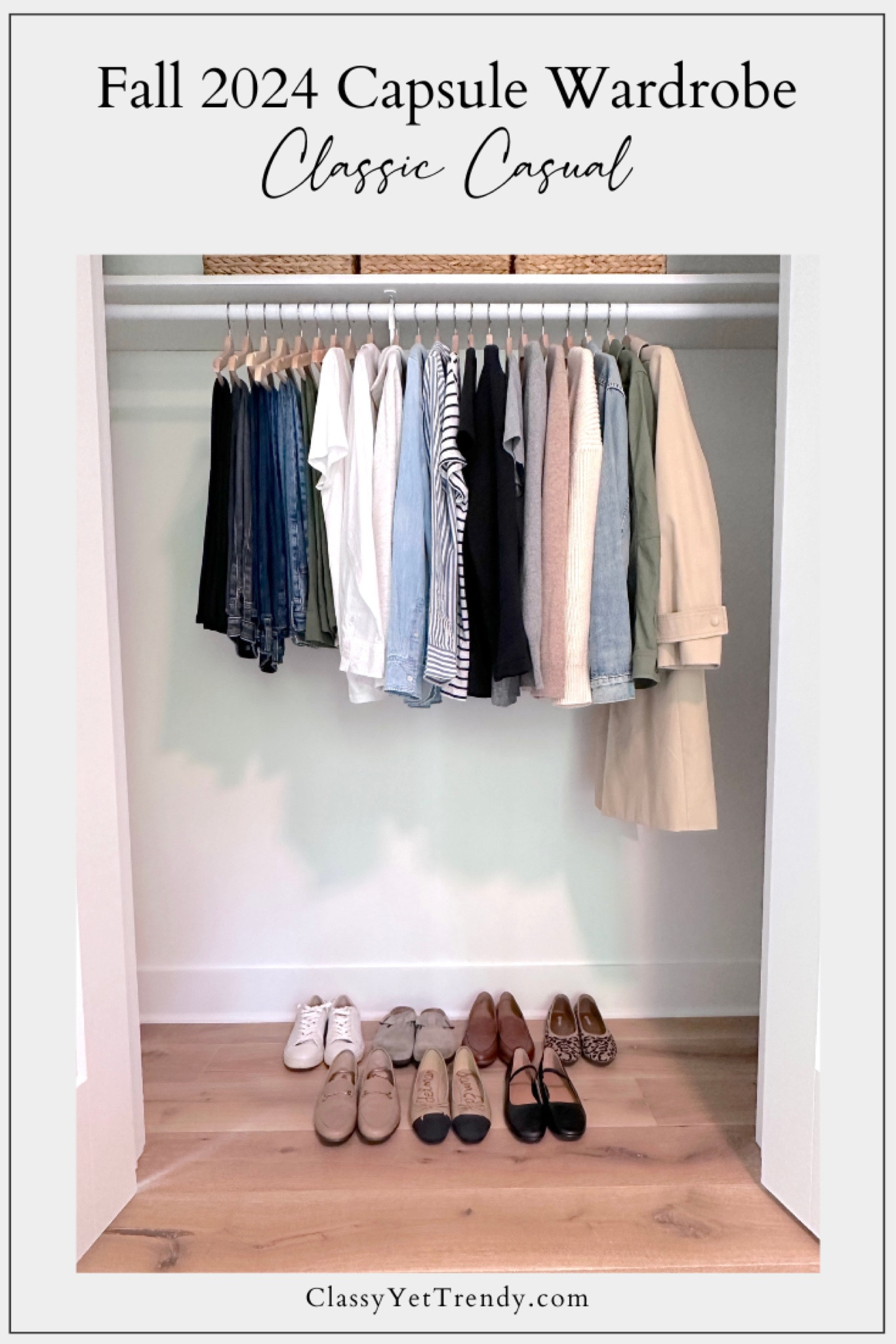 My Classic Casual Fall 2024 Capsule Wardrobe 🍁The colors are black, gray, white, beige, taupe, blue and olive.  I wear styles that are simple and minimal for a mild fall climate.  All shopping links are on the blog. ✔️ You can use this capsule wardrobe in your closet and use part of it as a travel wardrobe!

