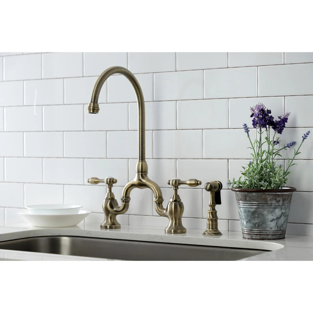 Kingston Brass Tudor Two-Handle 3-Hole Deck Mount Bridge Kitchen Faucet with Brass Side Sprayer K... | Wayfair North America