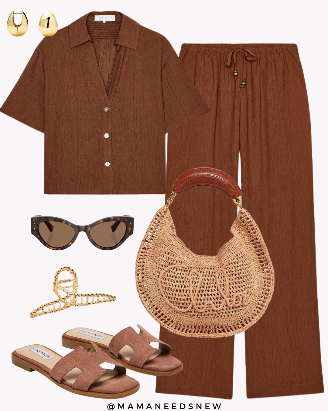 A casual spring / summer outfit with a brown matching shirt & pants set , slide sandals & a crochet shoulder bag 🤎

#LTKItBag #LTKSaleAlert #LTKStyleTip