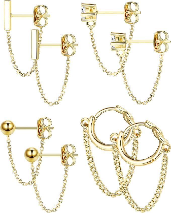 YADOCA 4 pairs Copper Chain Stud Earrings Set for Women CZ Dangle Earrings Ball Stud Earring Bar ... | Amazon (US)