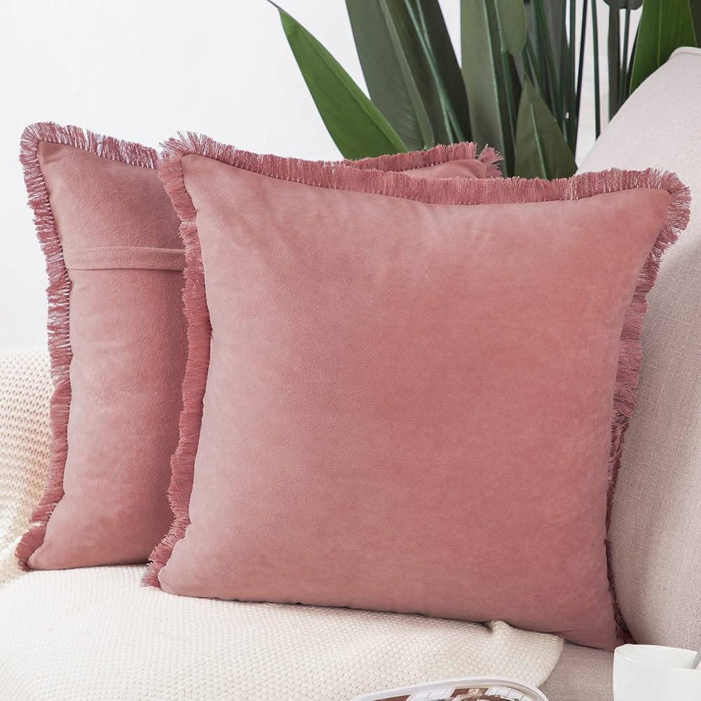MADIZZ Set of 2 Suede Throw Pillow Covers with Fringe Tassels 16x16 Inch Light Pink Soft Decorati... | Amazon (US)