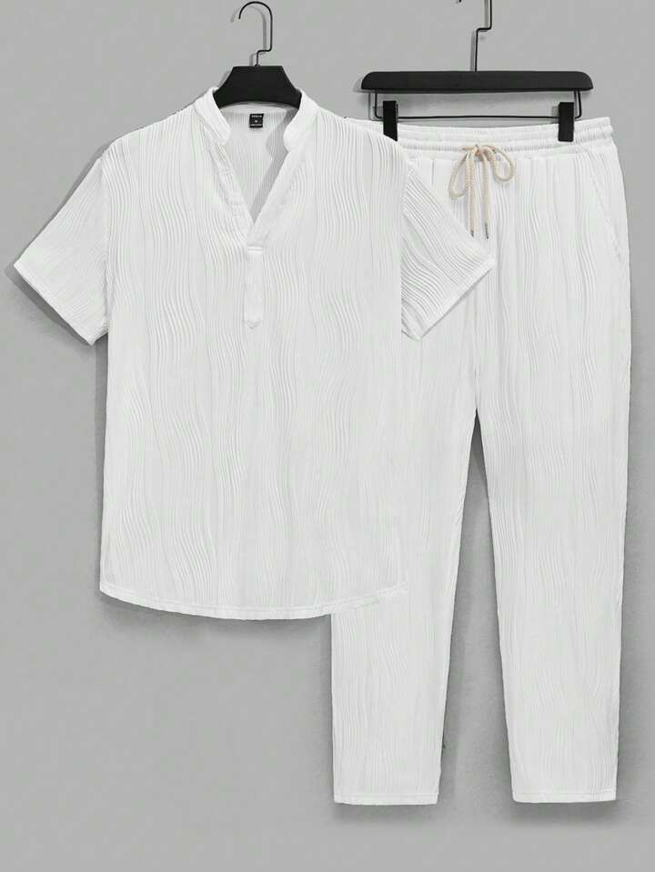 Manfinity Homme Loose-Fit Men's Solid Color Notched Neck T-Shirt & Drawstring Waist Pants | SHEIN