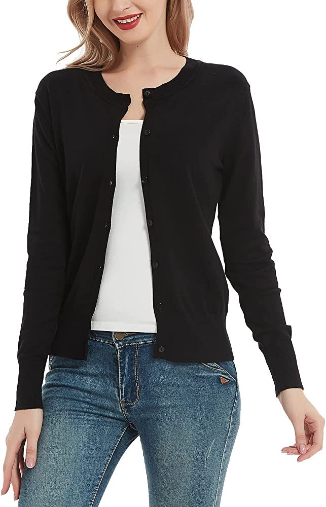 Women's Crew Neck Button Down Long Sleeve Cardigan Sweater Black at Amazon Women’s Clothing sto... | Amazon (US)