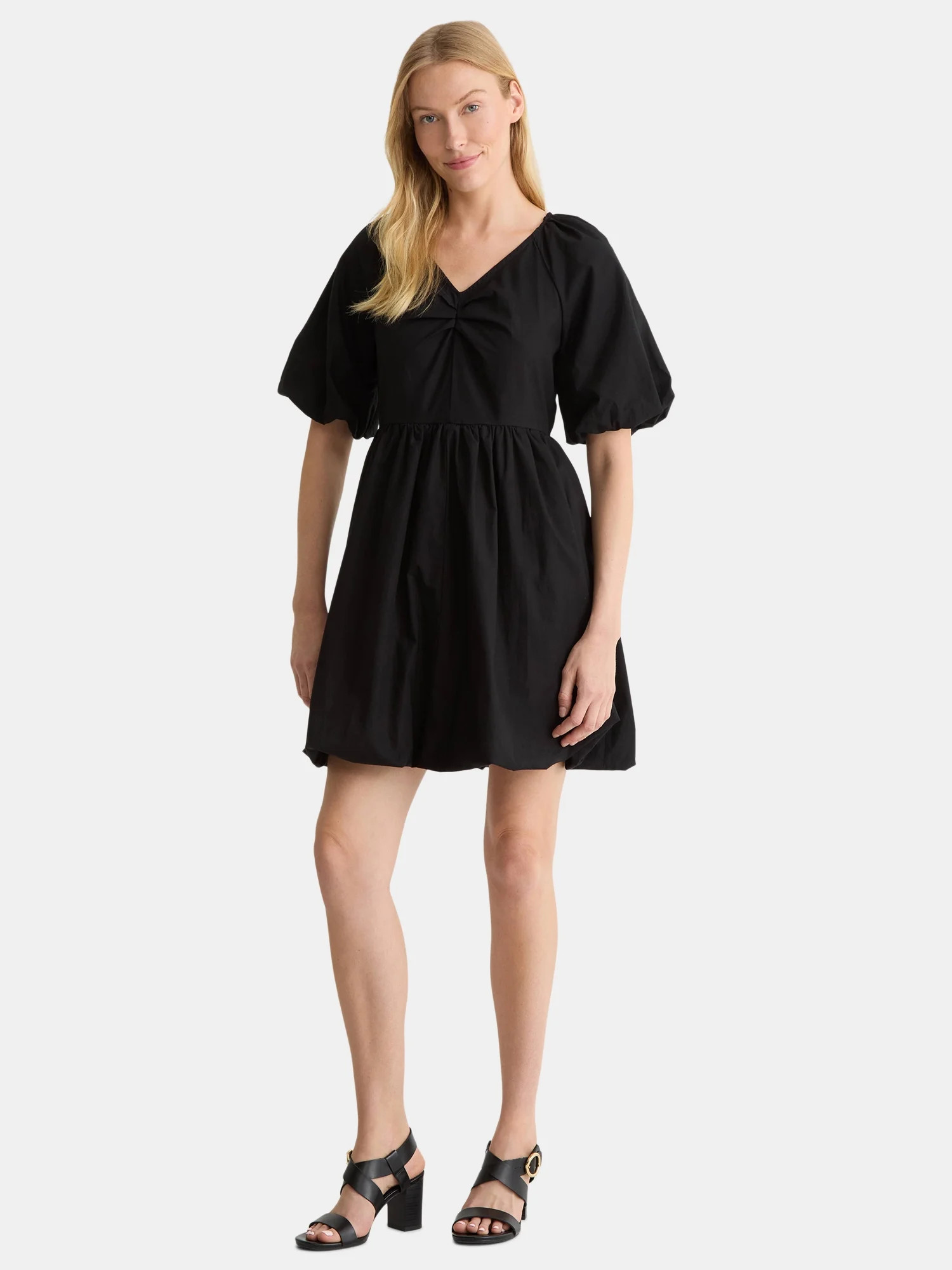 Time and Tru Women's and Women's Plus Cotton Bubble Hem Mini Dress with Puff Sleeves, Sizes XS-4X... | Walmart (US)