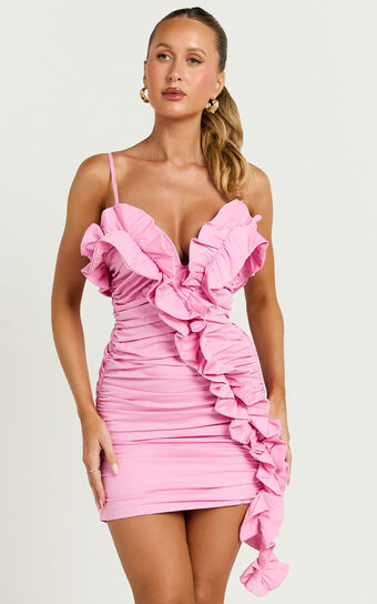 Dawson Mini Dress - Off Shoulder Ruffle Front Ruched Dress in Dusty Pink | Showpo (US, UK & Europe)