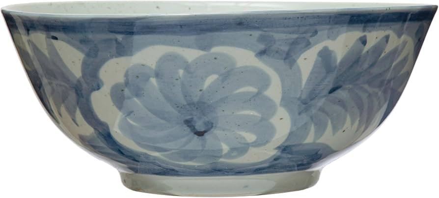 Creative Co-Op Hand Painted Stoneware Bowl with Floral Design, Blue and White | Amazon (US)
