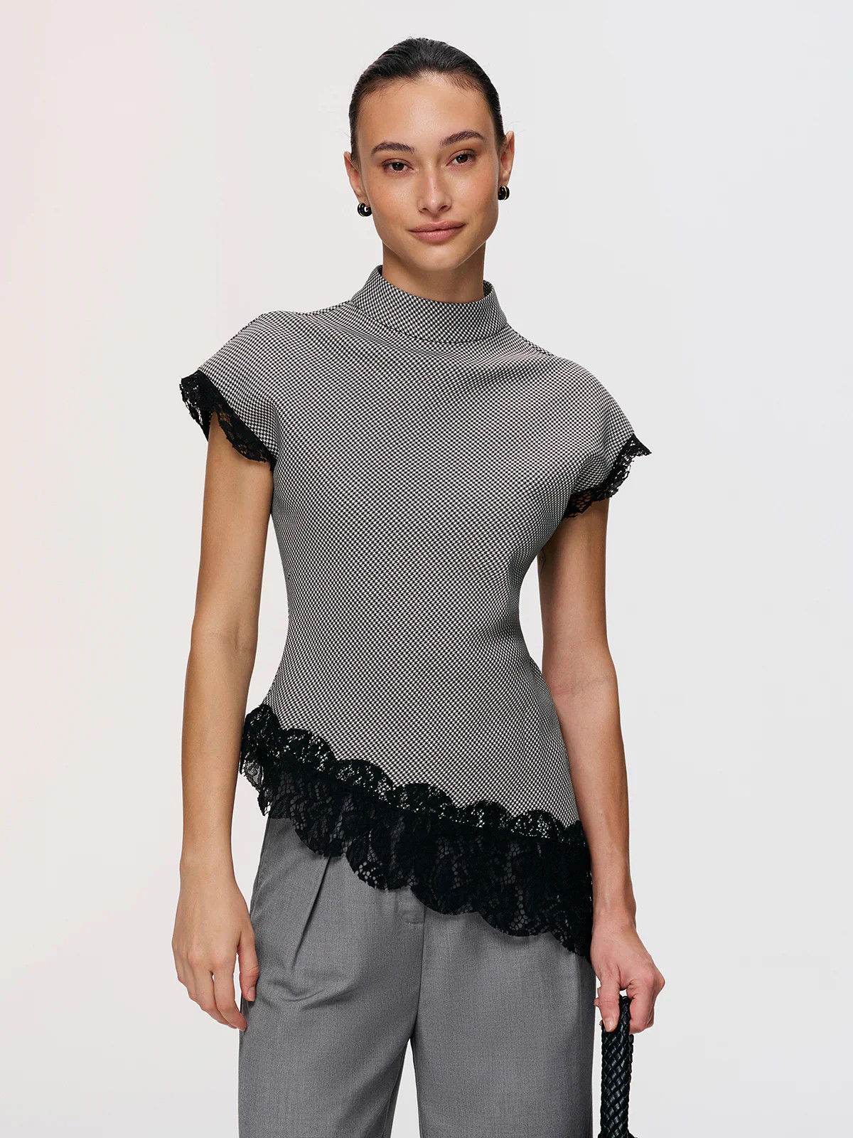 Lace Trim Houndstooth Mock Neck Top | Commense