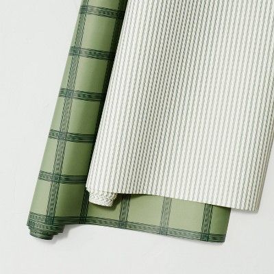 2pk Tonal Plaid & Tick Stripe Premium Gift Wrap Green/White - Hearth & Hand™ with Magnolia | Target