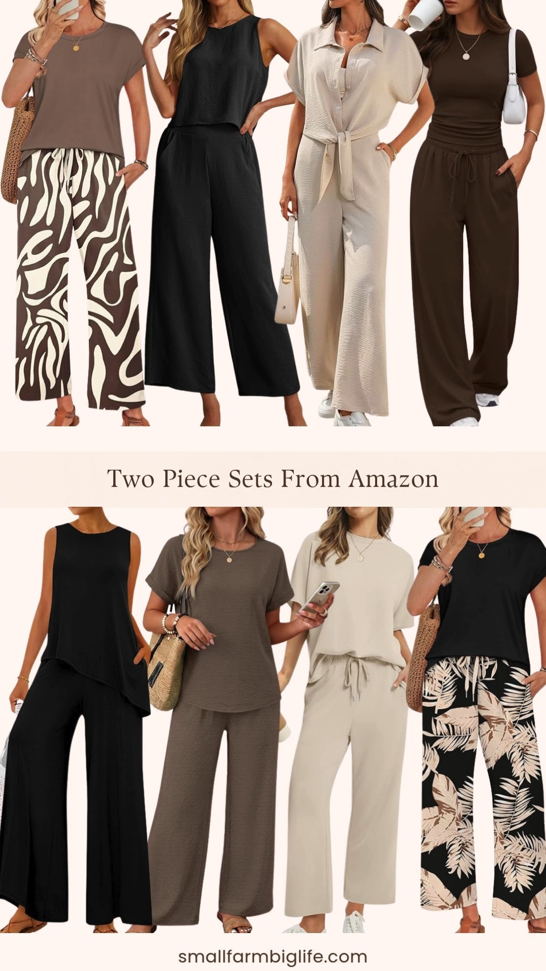 Two piece matching sets are one of my favorite summer wardrobe shortcuts because the outfit is already done for you and Amazon has so many beautiful options right now at really great prices. I rounded up eight styles including lounge sets, wide leg pant sets, and vacation ready matching outfits in brown zebra print, black and cream leaf print, solid black, brown, cream, light brown, and beige. The belted v neck crop top with wide leg pants in cream is such an elevated and dressy option and the asymmetrical split tank styles add a really modern and on trend touch. Perfect for beach vacations, travel days, and easy everyday summer outfits. Tap to shop! 

 #LTKgrwm #LTKootd #LTKOver40