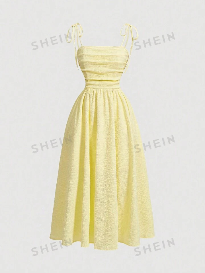 SHEIN MOD Plus Size Women's Yellow Pleated Cami Dress,Draped | SHEIN