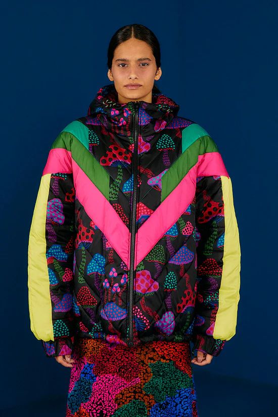 Neon Mushrooms Recycled Polyester Reversible Puffer Jacket | FarmRio
