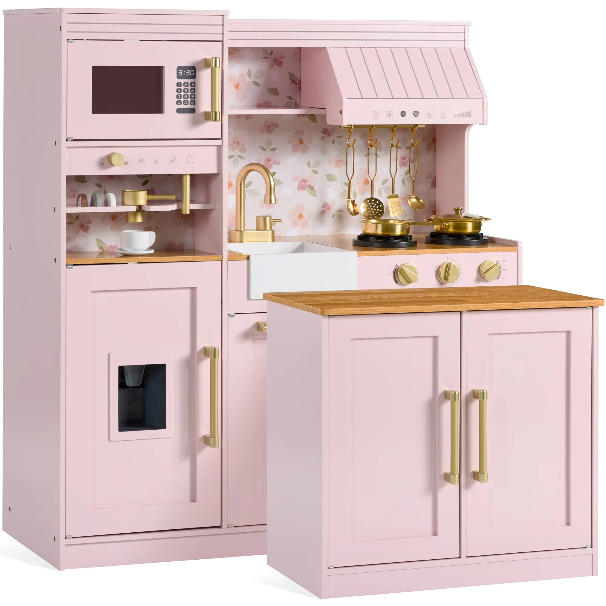 Pretend Kitchen Toy Set for Kids w/Lights, Sounds, Island, Espresso Ma | Best Choice Products 