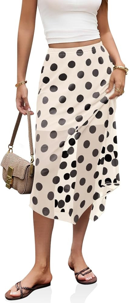 Cicy Bell Womens Summer Polka Dots Midi Skirt High Waisted Asymmetrical Hem Semi Sheer Flowy Beac... | Amazon (US)