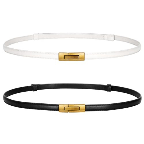 LEACOOLKEY 2 Pack Women Skinny Leather Belts Ladies Vintage Gold Buckle Thin Waist Belts for Dresses Black+White | Amazon (US)