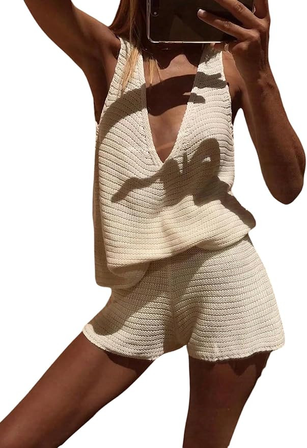 MakeMeChic Women's Summer 2 Piece Sets Deep V Neck Knit Tank Tops Mini Shorts Set Beach Vacation ... | Amazon (US)
