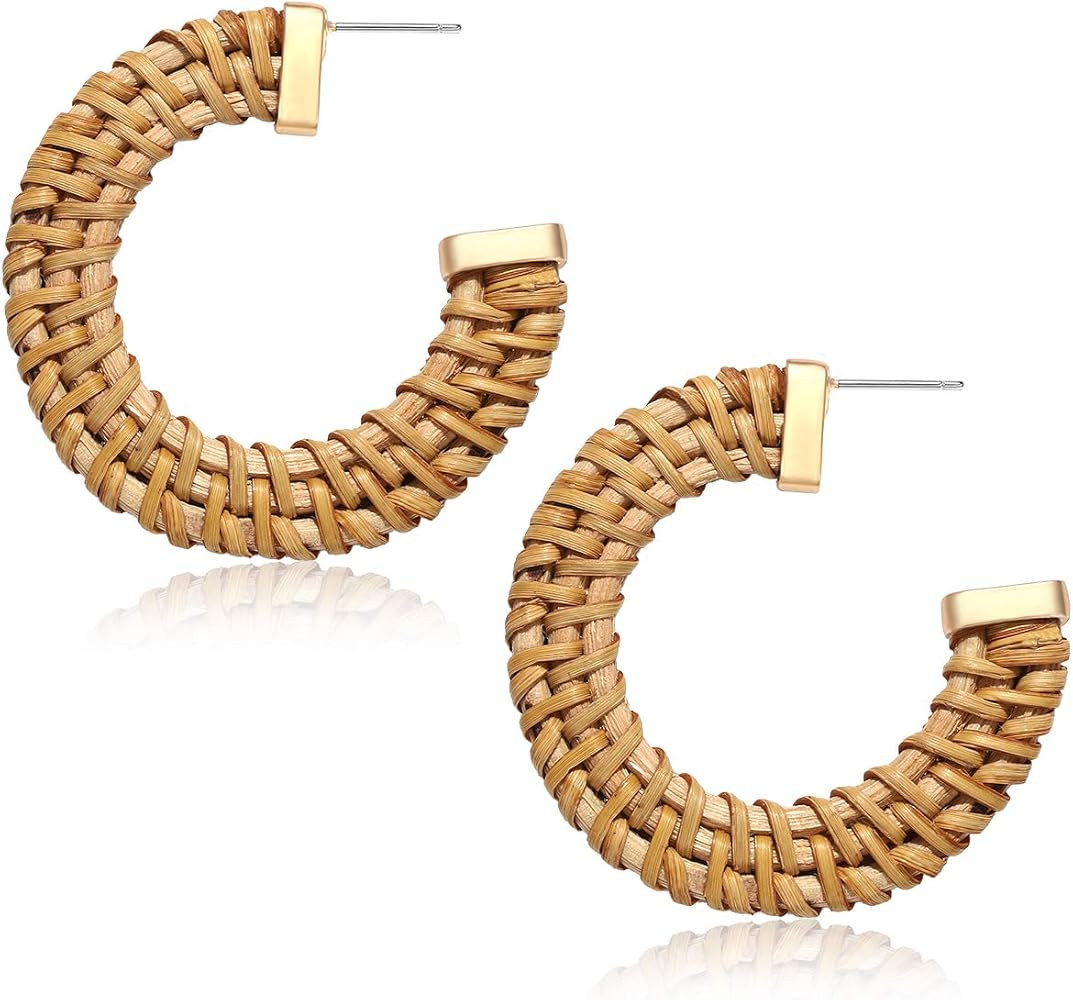 Rattan Earrings for Women Handmade Straw Wicker Braid Hoop Earrings Lightweight Geometric Stateme... | Amazon (US)