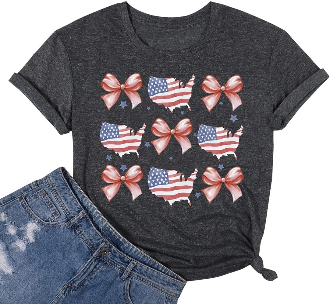 American Flag Shirt Women Coquette Bow Patriotic T-Shirt 4th of July American Girly Graphic Tees | Amazon (US)