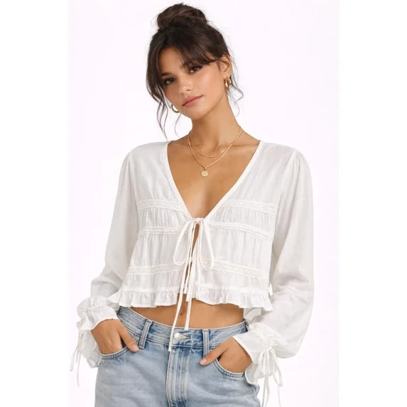 Forever 21 WGA Long Sleeve Blouse With Ruffle Detail, Color- White, Size- S | Walmart (US)